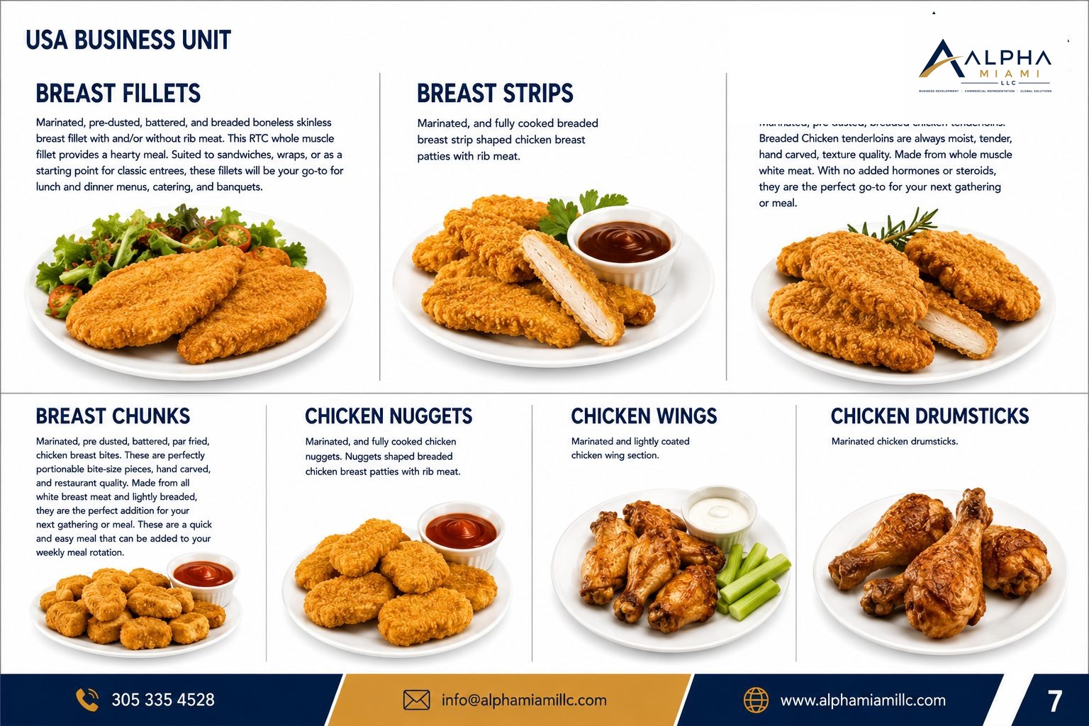 Breast fillets, strips, tenderloins, chunks, nuggets, wings and drumsticks
